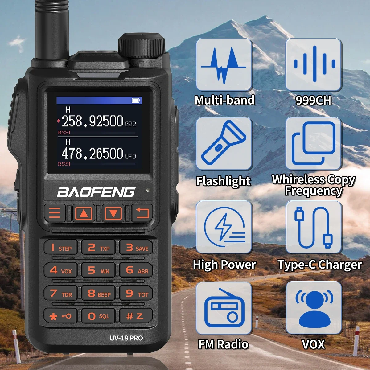 Портативная рация Baofeng UV-18 PRO, беспроводная радиостанция большого радиуса действия 999CH NOAA, Многополосная, Type-C, VHF, UHF, Любительская двухсторонняя радиосвязь