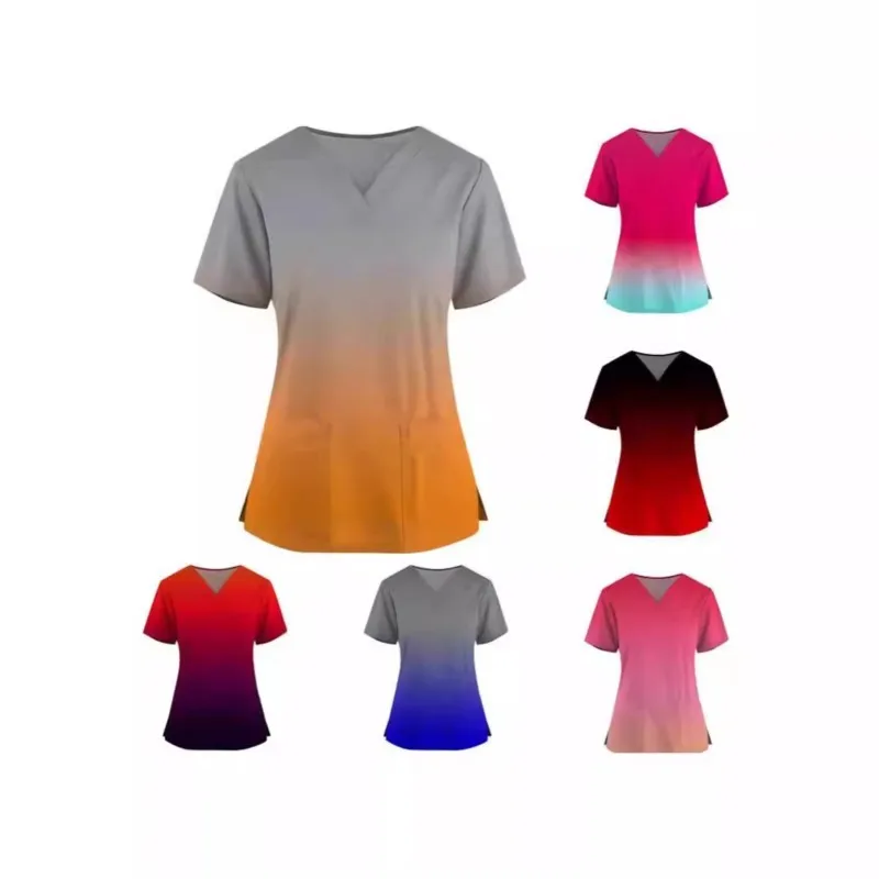 High Quality Medical Uniform Women's gradient Scrubs Tops V-neck short sleeved Nursing T-Shirts With Pocket ladies Workwear Tees