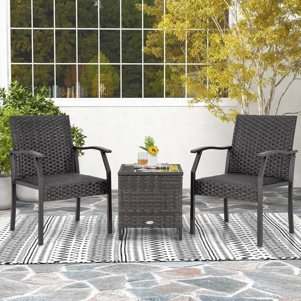 3 Pieces Patio Wicker Chair Set, Waterproof All Weather Resistant Heavy Duty Outdoor Conversation Set with Quick Dry Foam