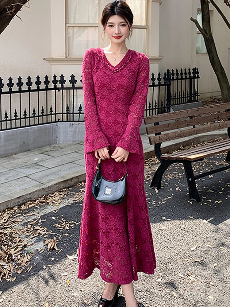 الخريف الشتاء الأبيض الدانتيل هوك زهرة الجوف فستان طويل المرأة كم طويل Bodycon تكدرت فستان 2025 الكورية فستان سهرة فاخر #4