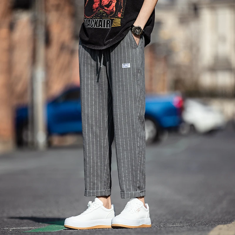 

Мужские летние легкие дышащие льняные повседневные брюки свободного прямого кроя из тонкого хлопка и льна с ретро-полосатым дизайном