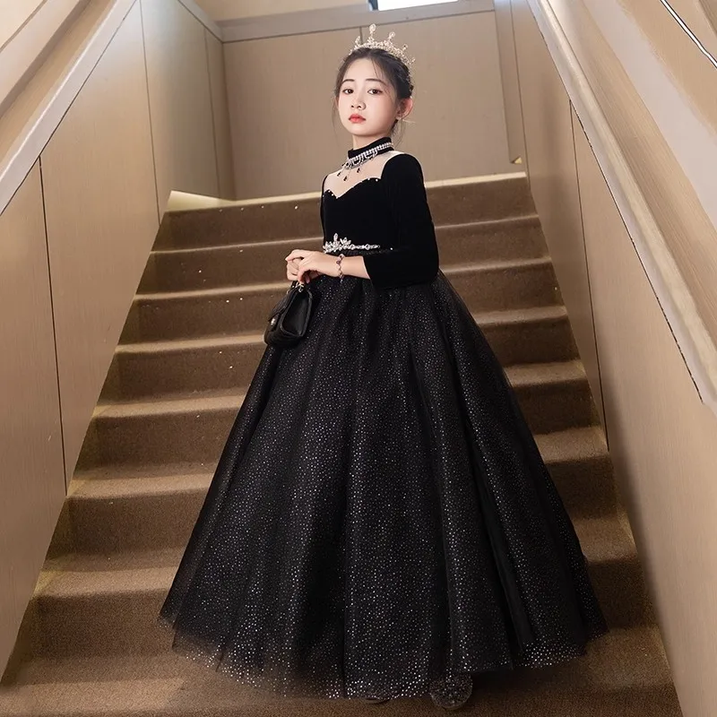 Vestido Preto de Manga Longa Estilo Princesa para Meninas, Elegante, com Cintura Alta, para Apresentações de Piano, Aniversár...