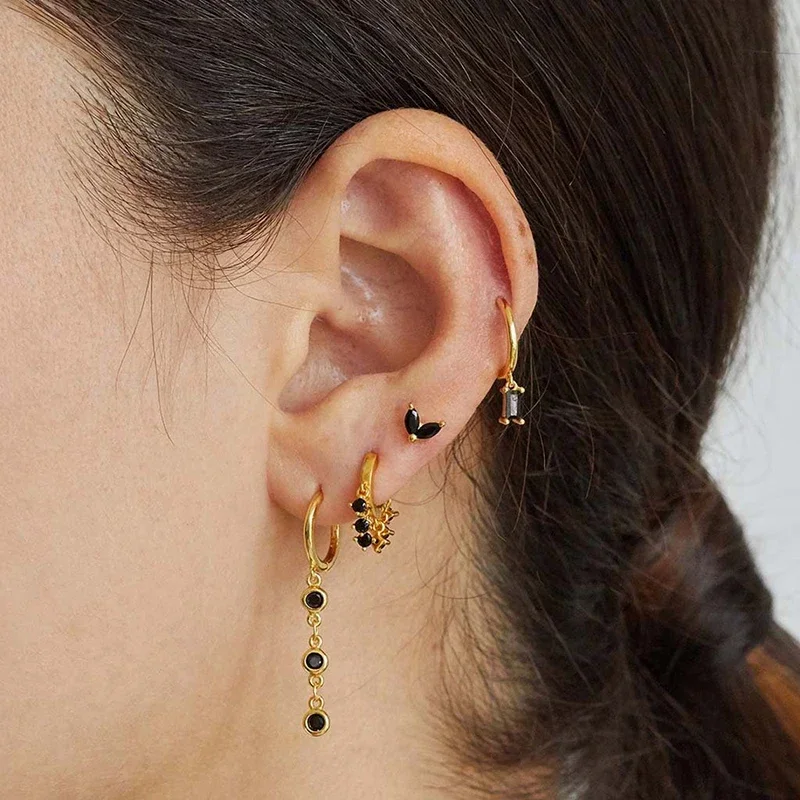 925 Sterling Silver Ear Buckles Fashion Hoop Earrings Black Crystal Pendant Gold Earrings High Quality Women\'s Jewelry Gifts