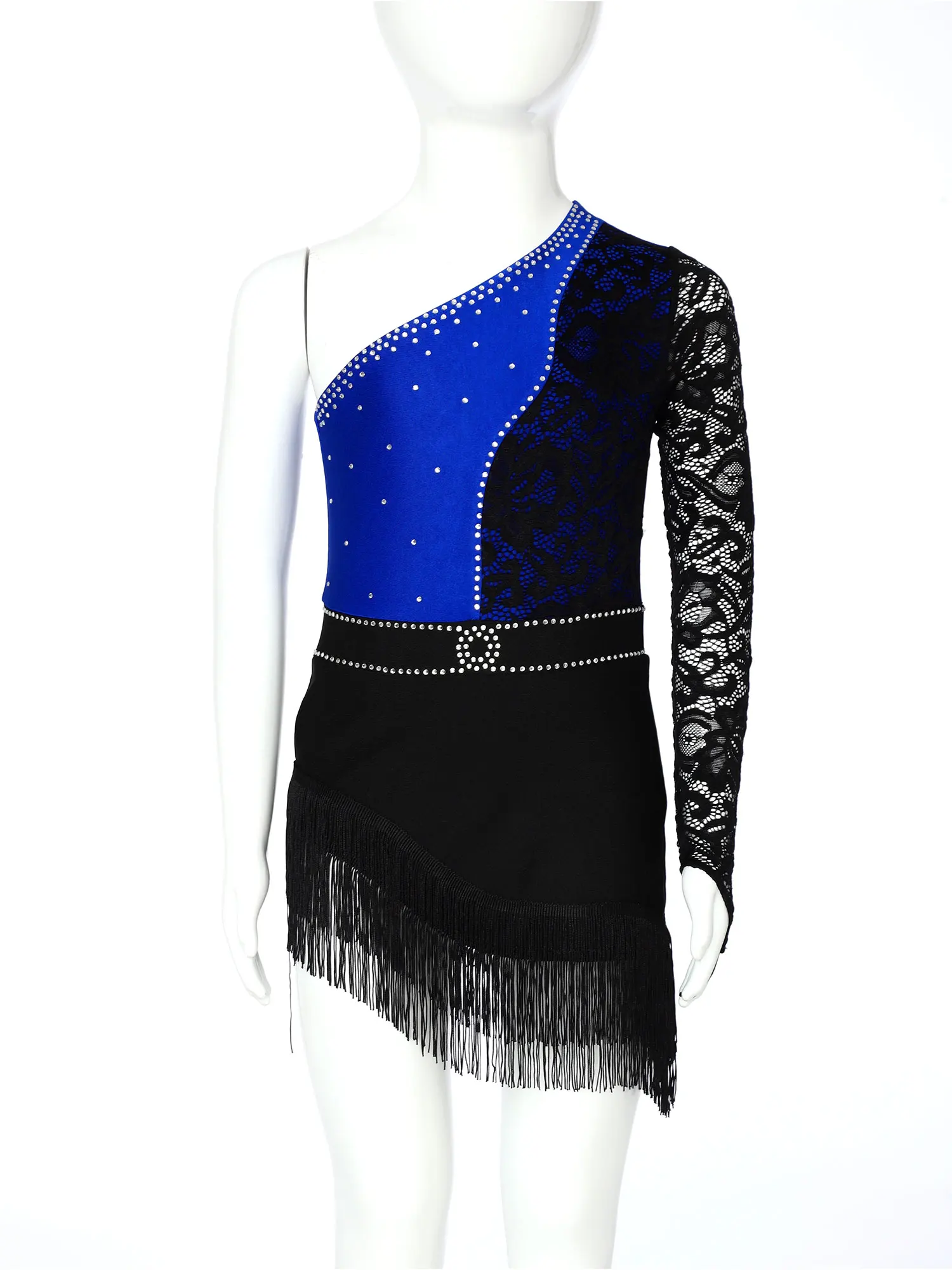 Kids Girls Jazz Latin Dance Dress Shiny Rhinestones Lace One Long Sleeve Tassels Dancewear Samba Rumba Cha Cha Dance Costume