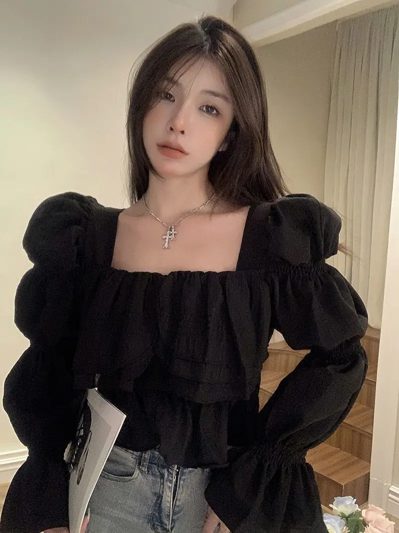 Long Flare Sleeve Blouses Women Ruffles Square Collar Crop Tops Spring Temperament French Style Romantic Elegant Ladies Fairy