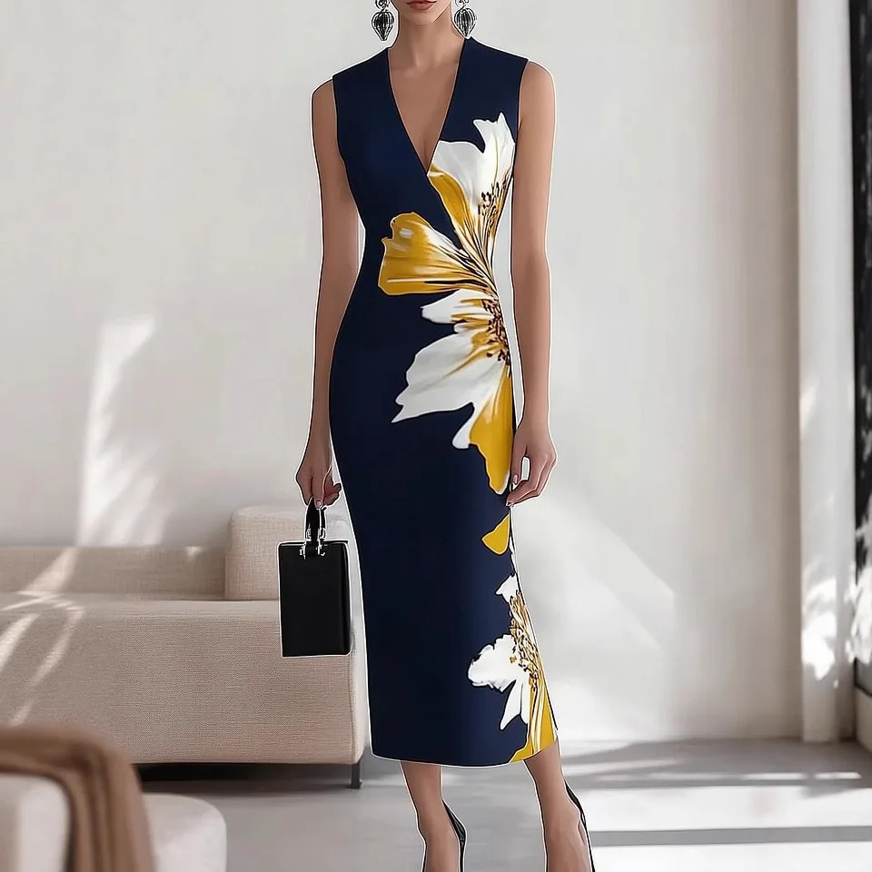 

2026 Women's Clothing V-neck Sleeveless Placement Digital Print Maxi Dress