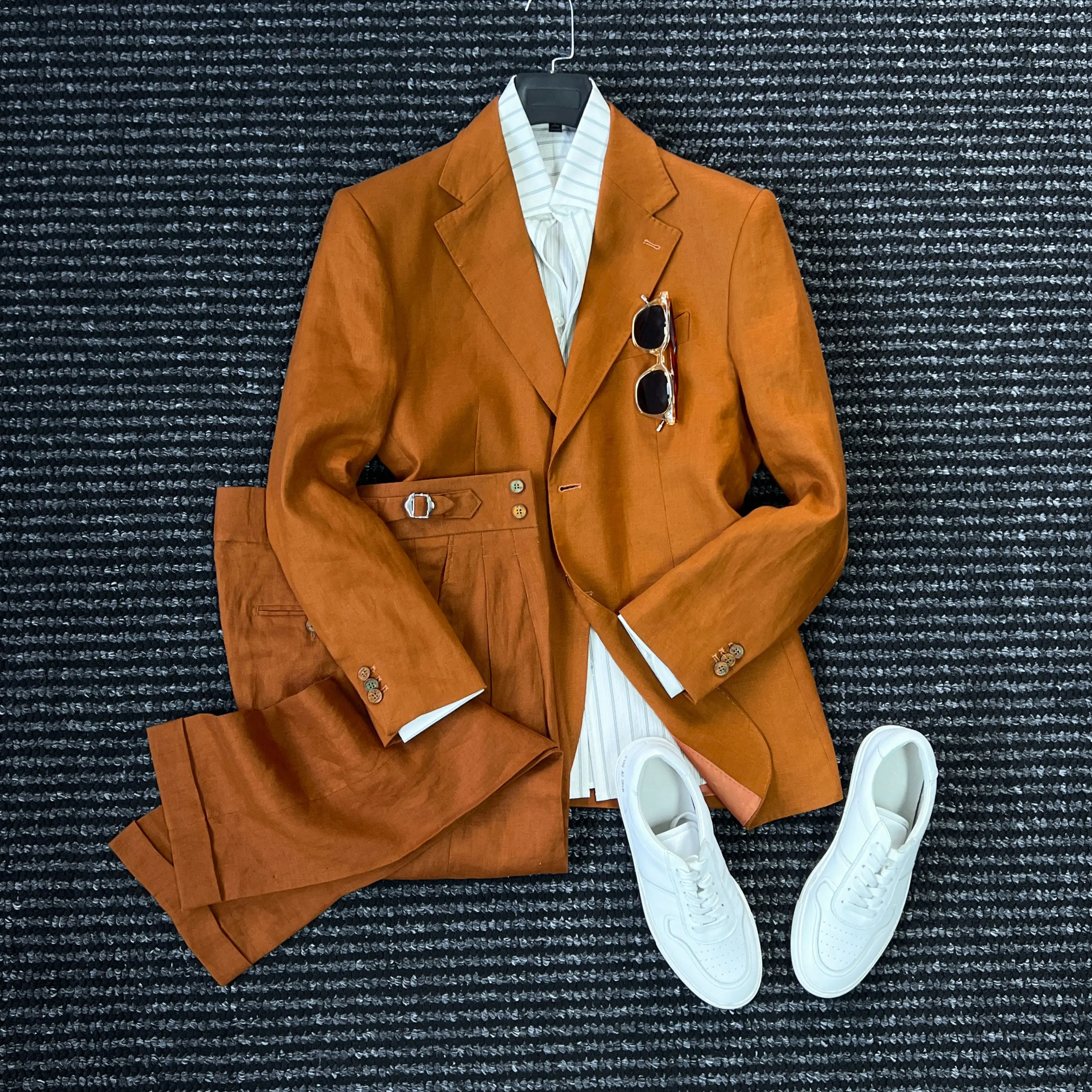 

Мужской деловой костюм из 100% льна с классическим воротником-стойкой, без подкладки, полуформенный, осенняя коллекция