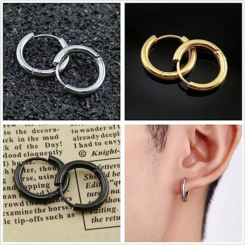 1 pairs Unisex Punk Hypoallergenic Stainless Steel Small Round Hinged Hoop Earrings Set for Men and Women 8mm/10mm/12mm Sizes