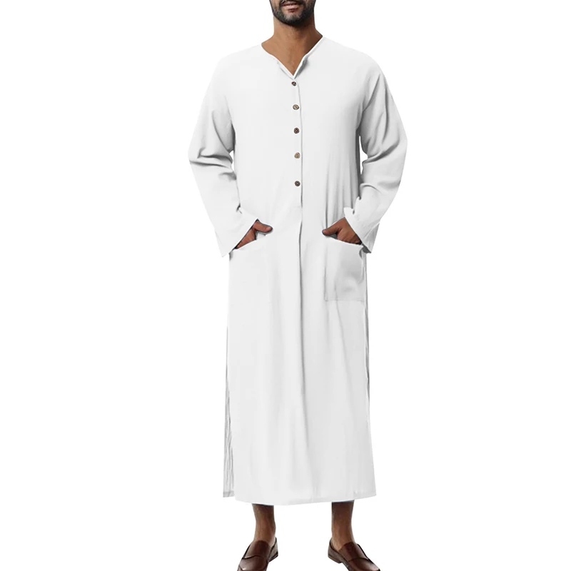 Mรคnner Muslimischen Roben Einfarbig Langarm Baumwolle Taschen Roben Taste-unten Freizeit Vintage Islamischen Arabischen Kaftan Dubai Mรคnnlich neue