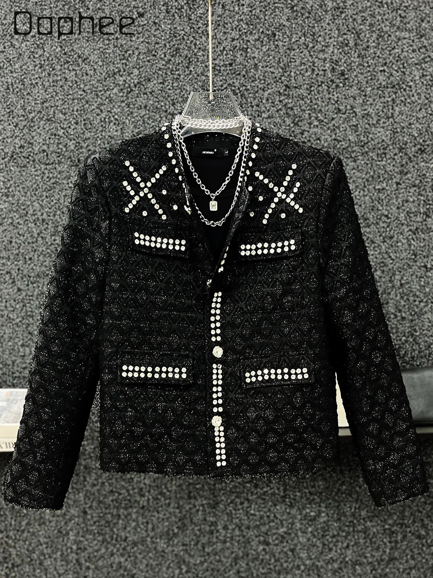 

High-end Heavy Beading Rhinestone Mens Jacket Fashion Round Neck Trendy Long Sleeve Single-breasted Short Tweed Men Clothing