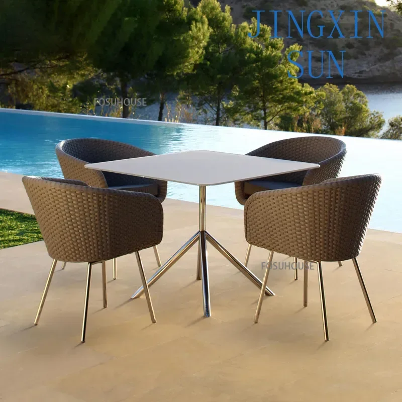 Nordic Rattan Outdoor Chair For Waterproof Modern Stainless Steel Rattan Chairs Balcony Courtyard Garden Patio Outdoor Furniture