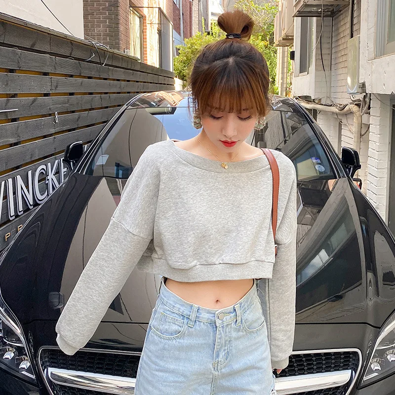 

2025 Spring and Autumn New Loose Pullover Off-Shoulder Short Sweatshirt for Women Korean Version Versatile High-Waisted Crop Top