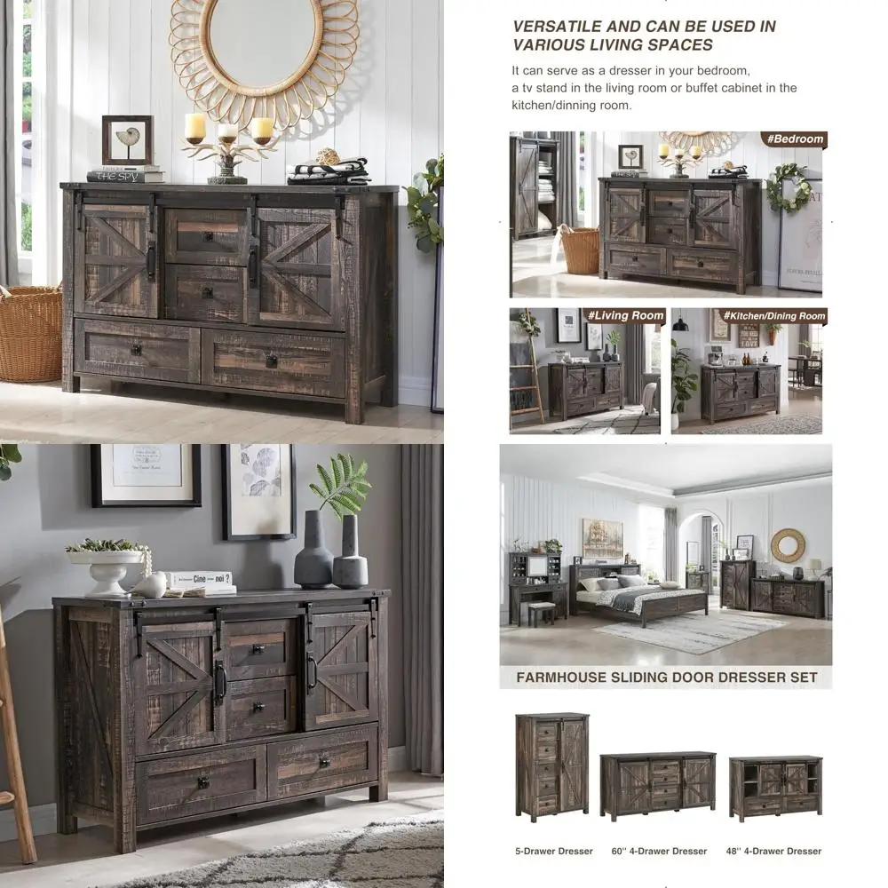 48'' Farmhouse Dresser w/4 Drawers & 2 Sliding Barn Doors, Tall Chest of Drawers Organizer, Rustic Dresser TV Stand w/Adjustabl
