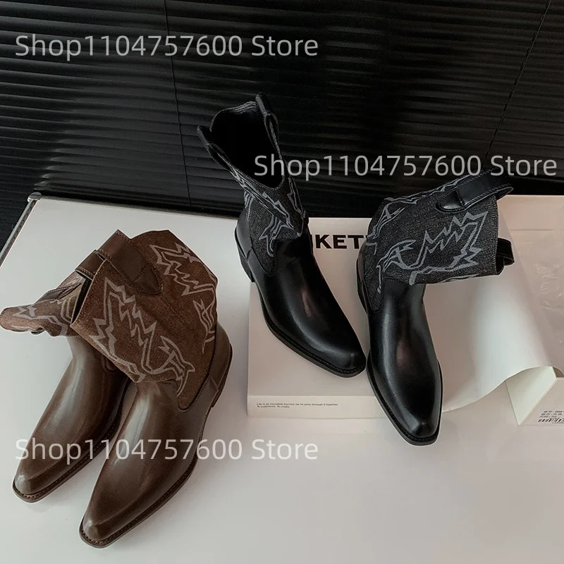 Women's Brown Leather Denim Western Cowboy Ankle Boots Embroidered Detail Chunky Heel Boot Retro Pointed Toe Ladies Autumn Botas