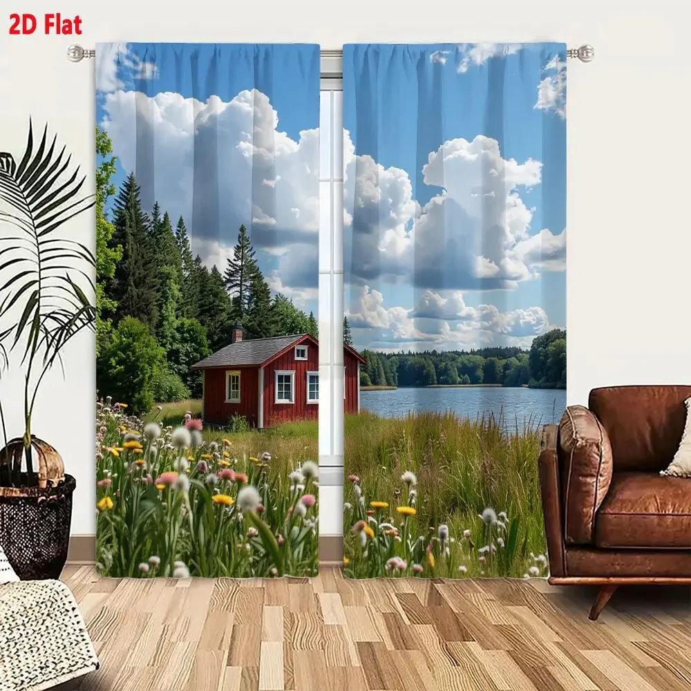 Realistic Landscape Window Curtain Blue Sky Meadow Cabin View Living Room Home Decor Curtain Panel
