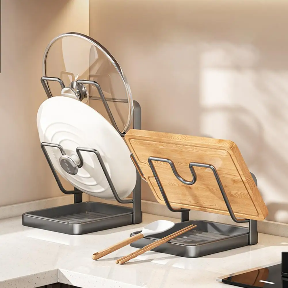 Kitchen Rack Pot Lid Storage Rack with Drain Tray Kitchen Utensils Organizer Stand U-shaped Groove Holder for Lids Spoons Cast