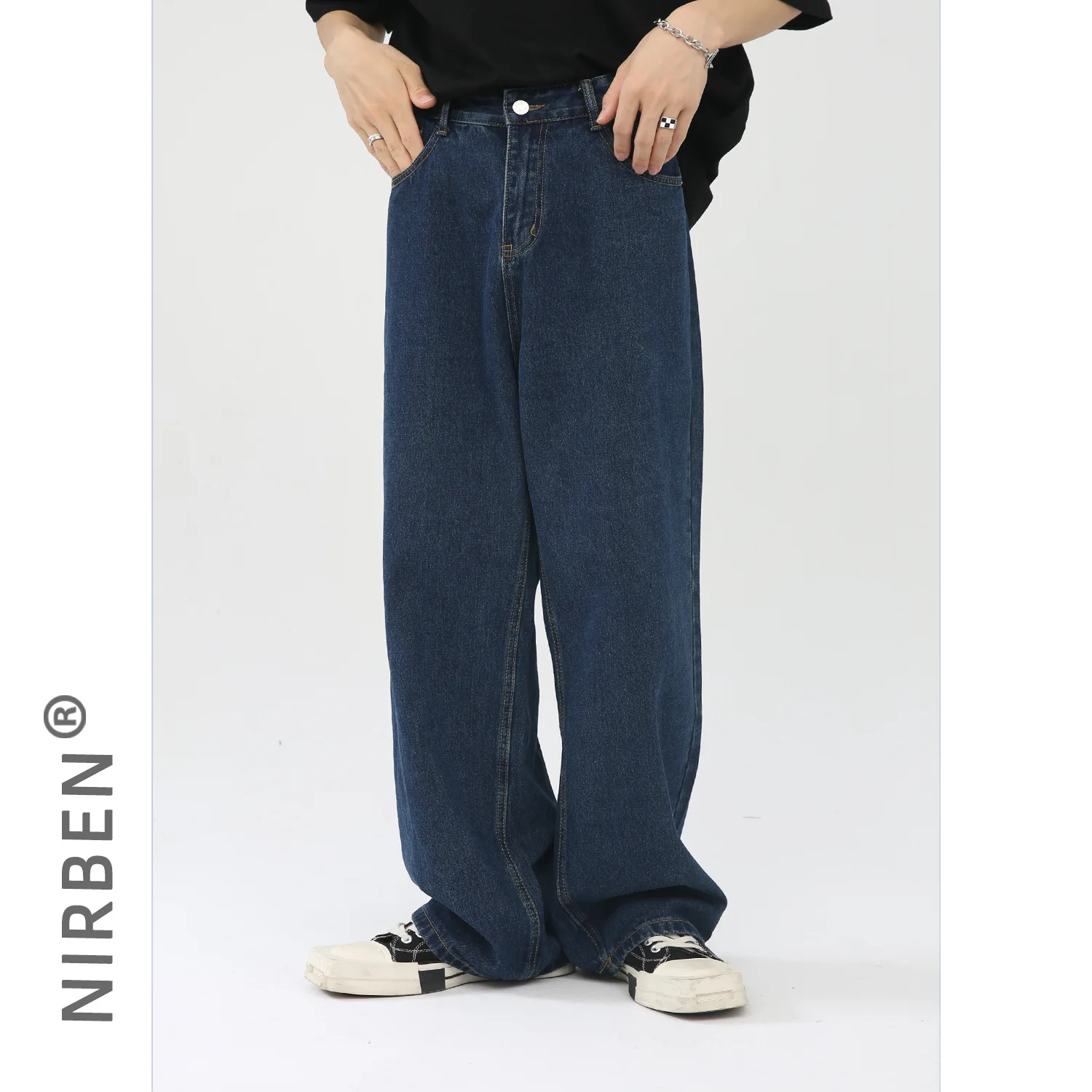 Dark Blue Jeans, Loose Wide-leg Casual Wash Straight Trousers