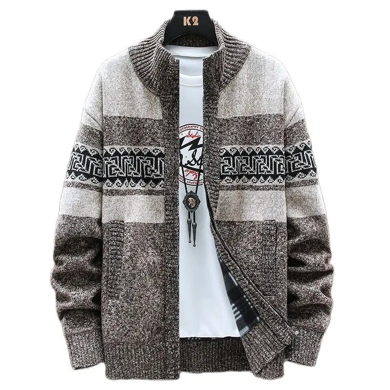 

Autumn Winter Korean Style Men Patchwork Cardigan Sweaters Men's StCollar Sweater Coat Zipper Knitted Jacket Male 8867