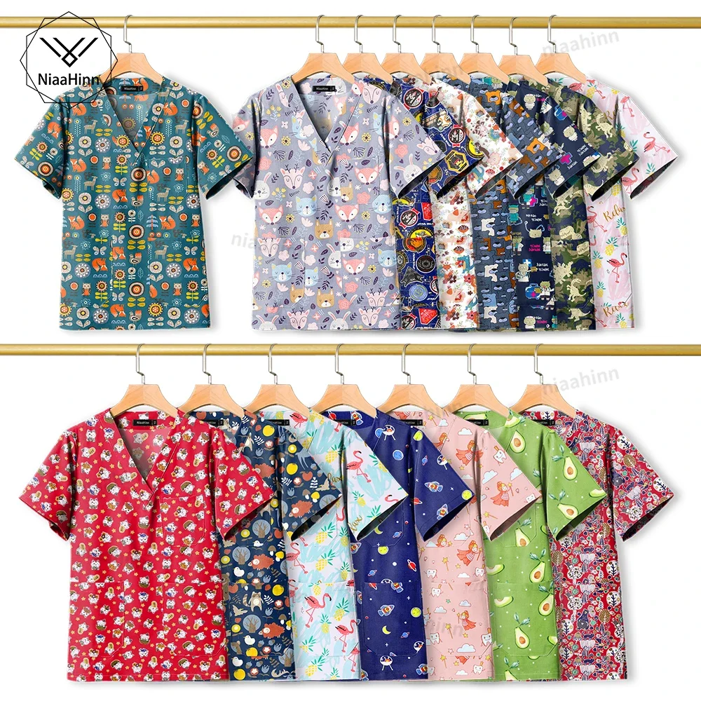 Nursing Uniforms Cartoon Printed Medical Cotton Working Clothes Women Men Beauty Salon Healthcare Short Sleeved Shirt Scrub Tops