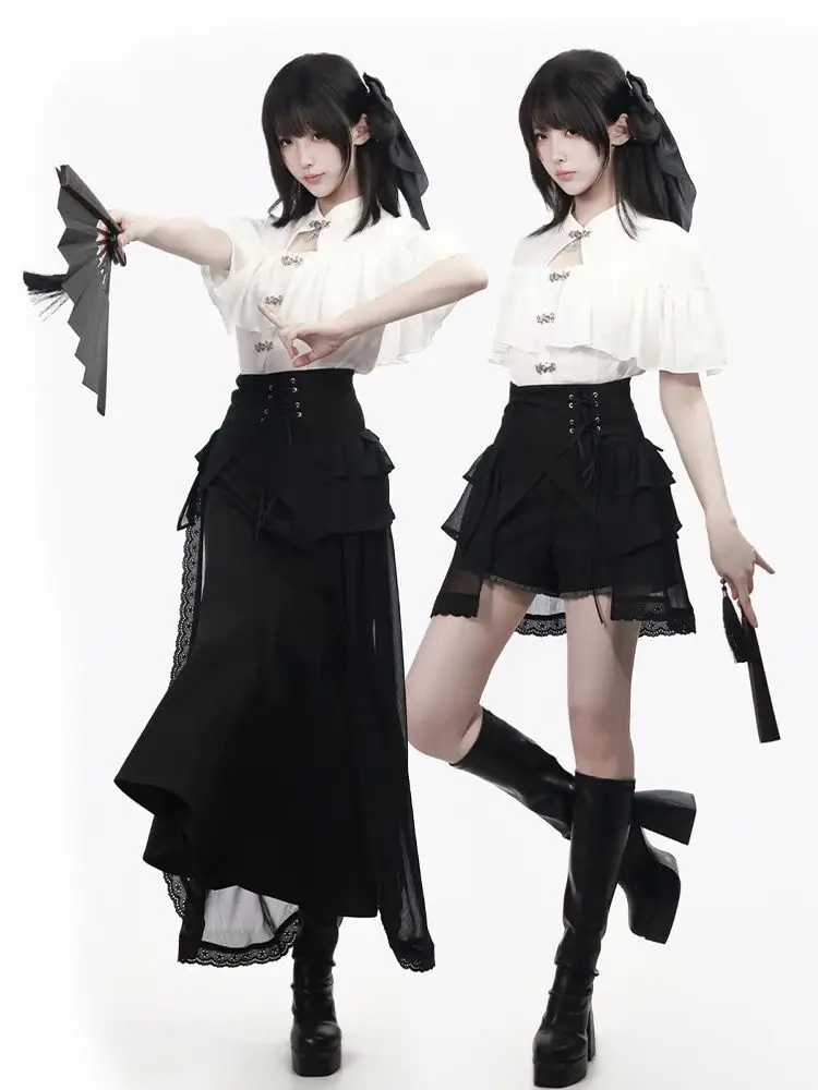 Japanese Vintage Gothic Lolita 3 Piece Set Women Ruffle Lace Trim Lace Up High Waist Maxi Skirt Crop Top Belt Streetwear Outfit