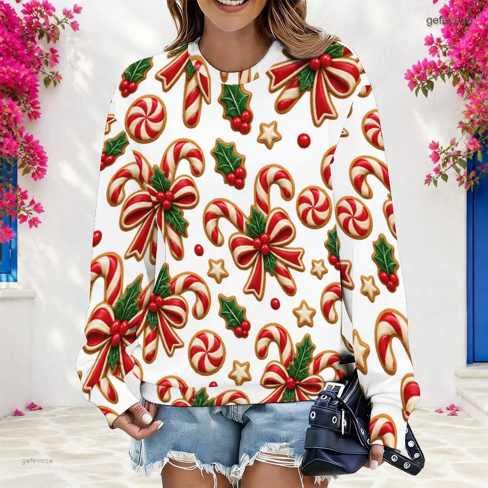 Women Printed Christmas Bird Ornament Pattern Round Neck Long Sleeve Pullover Sweatshirt