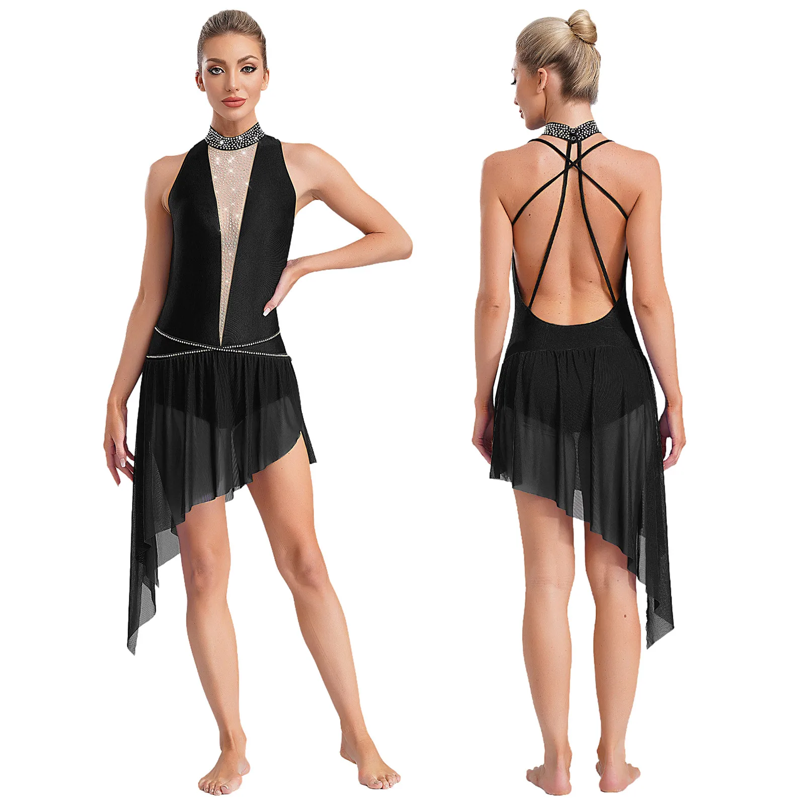 

Women Lyrical Dance Dress Sleeveless Sparkling Rhinestones Sides Split Asymmetrical Dress Gymnastics Figure Skating Costume