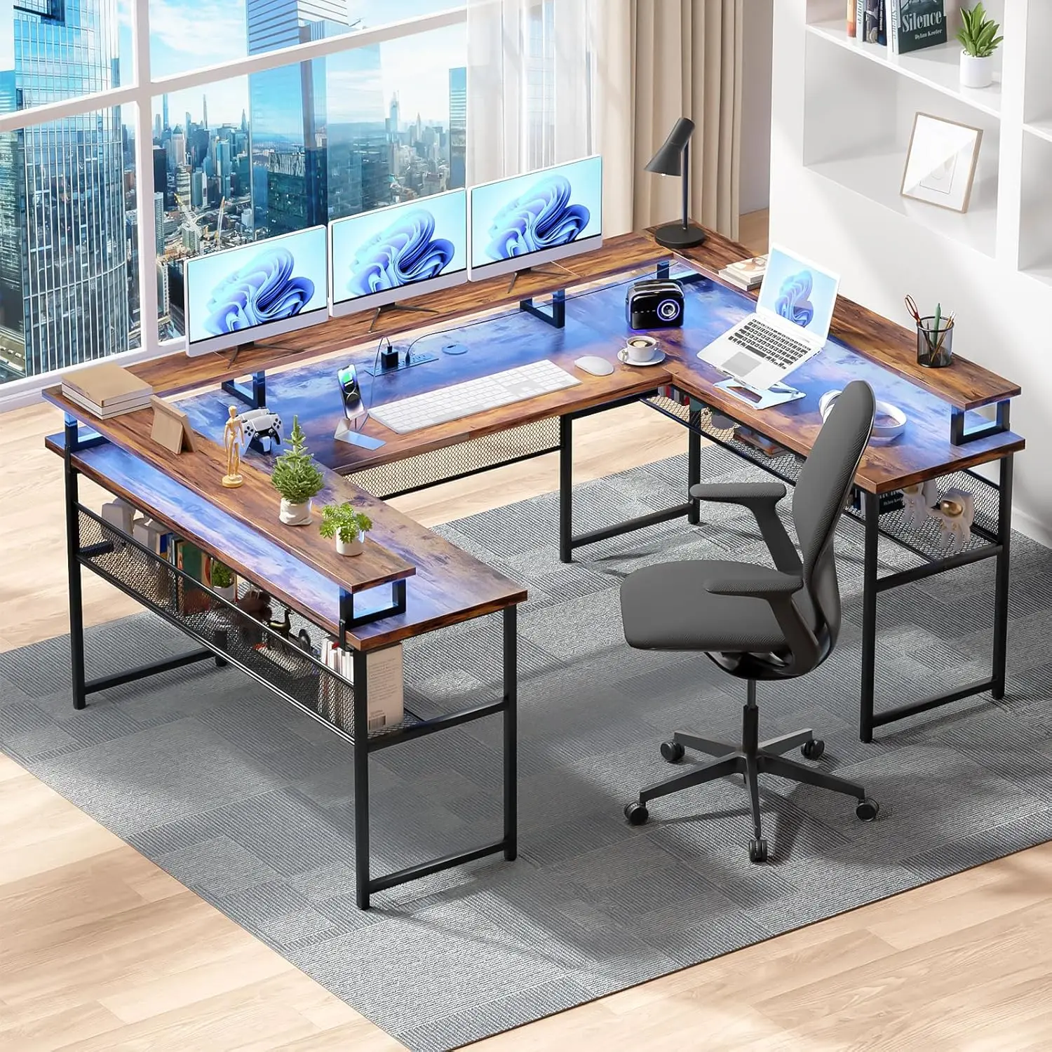 Unikito U Shaped Computer Desks, Reversible Office Desk With Led Strip And Power Outlets, L Shaped Table With Full Monitor