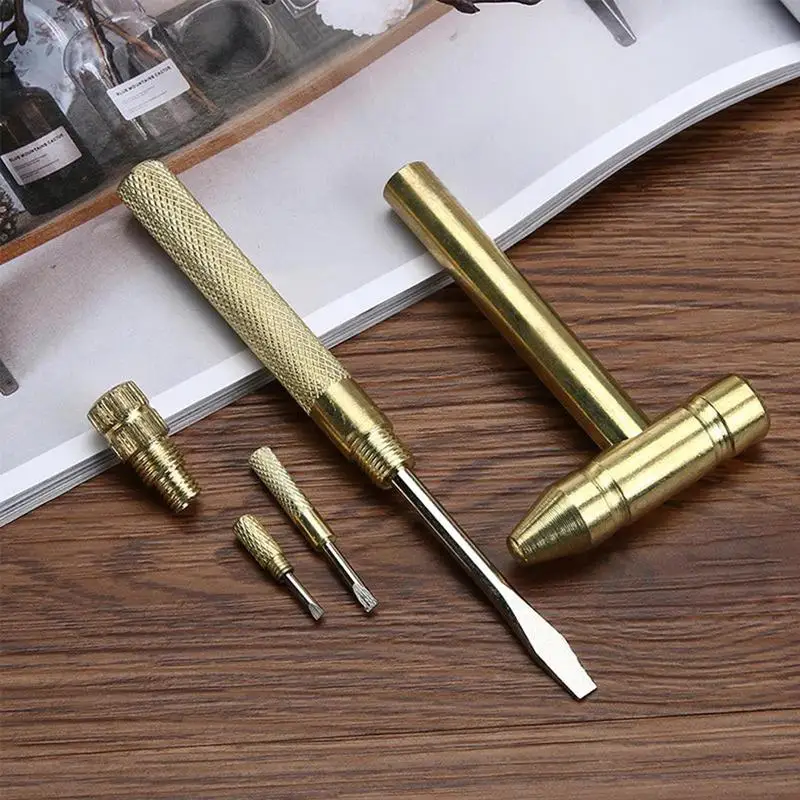 6 In 1 Mini Multifunction Brass Hammer With Screwdriver Hand Tools Ideal For Watchmaker Jewelers Walnuts Home Golden Hammer