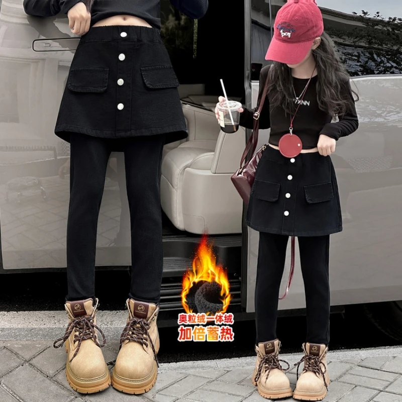 

Girls' Fleece-lined Skirt-Pants, Tight and Stylish Leggings, Autumn and Winter Pencil Pants, Suitable for Big Kids Aged 7-14