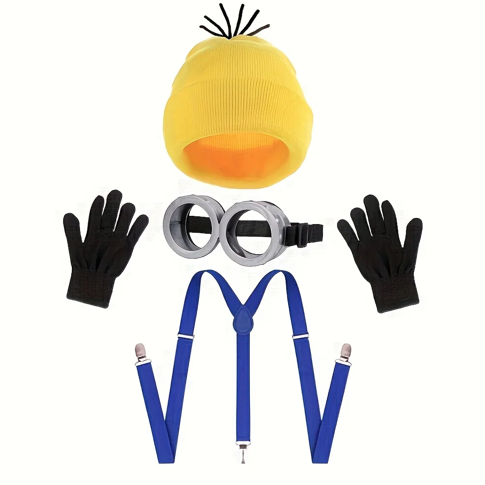 

4PCS Minion Cosplay Costume Minion Goggles Hat Outfit Accessories Halloween Dress Party Despicables Me Costume For Adults