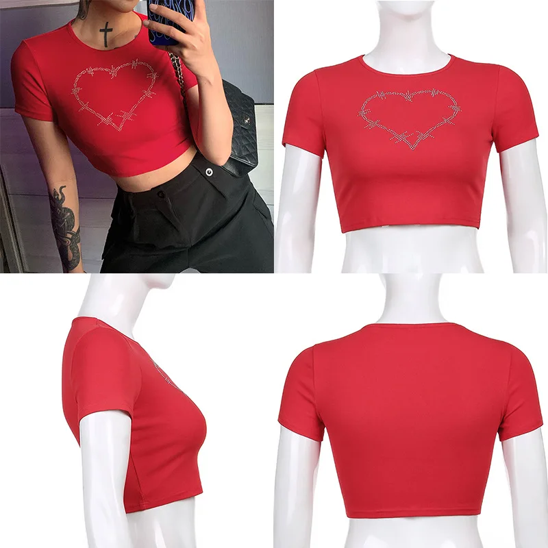 Camiseta con patrón de corazón de diamantes de imitación para mujer, Tops cortos Y2k, ropa de calle, camiseta Vintage de Hip Hop, camiseta con ombligo expuesto para mujer