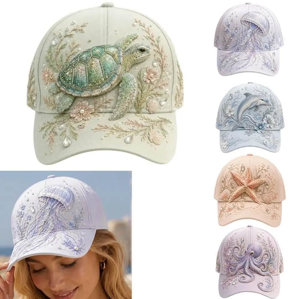 Creative 3D Ocean Creatures Embroidery Cap Adjustable Breathable Baseball Cap Lightweight Ethnic Style Peaked Cap Outdoor