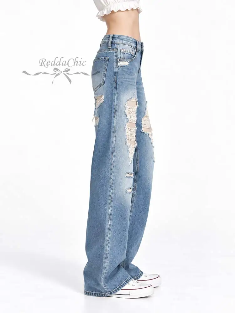 REDDACHiC Destroyed Straight Jeans for Women Vintage Relaxed Fit Low Waist Distressed Wide Leg Denim Pants Korean Streetwear
