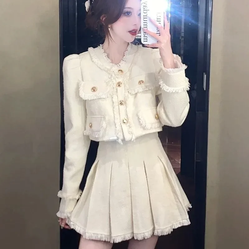 

Skirt Suit Temperament 2 Piece Set Women Clothing Puff Sleeve Crop Jackets High Waist Pleated Mini Skirts Outfits Roupas Femme