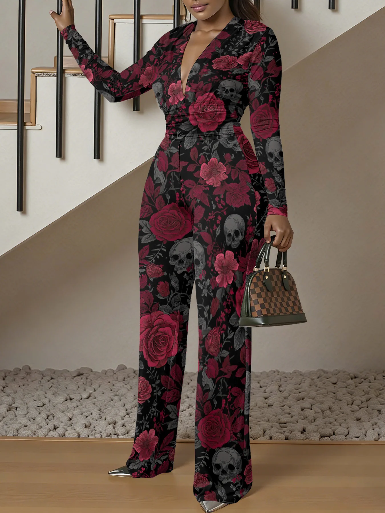 Macacão justo de manga comprida com decote em V, ideal para o outono, feminino, elástico, peça única, para a primavera, roupa de rua de luxo, para fes