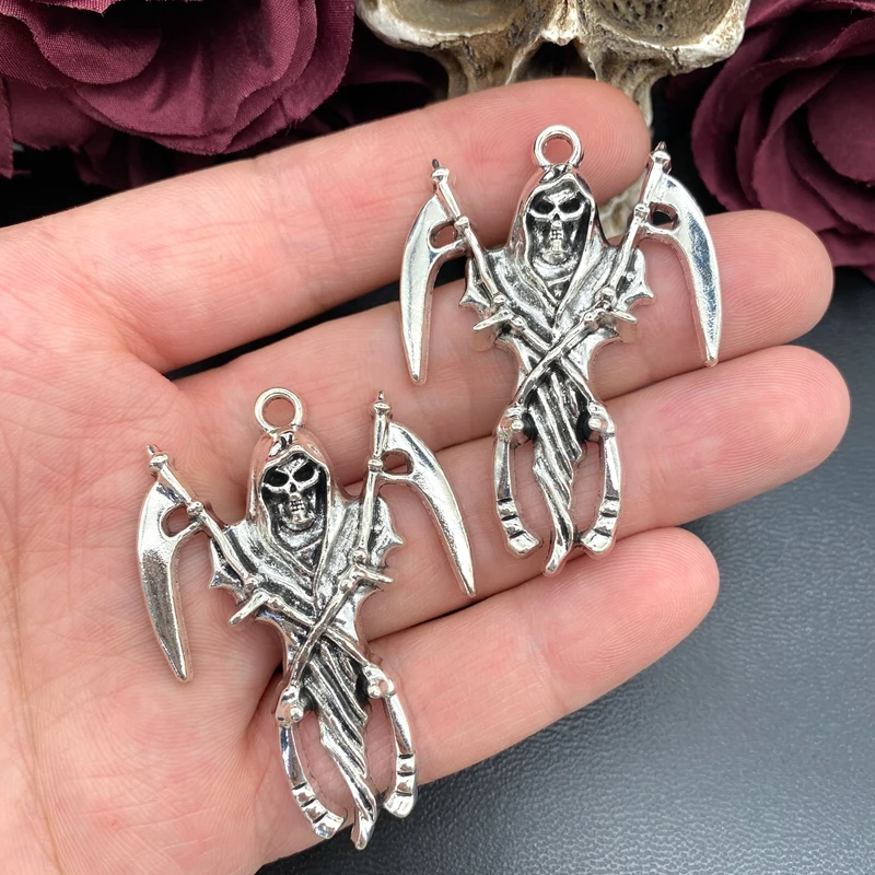 2 قطعة قاتمة الفضة العتيقة ريبر الموت الله الجمجمة المنجل السحر مصمم دلايات قلادة صالح صنع المجوهرات Findings بها بنفسك النتائج مجوهرات #3