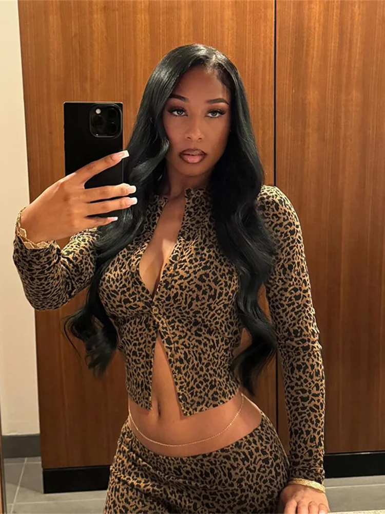 Nibber  2 Piece Set Leopard Print Woman Button-Down Mini Long-Sleeved Top+Cropped Trousers Sexy Comfortable Wild Midnight Suit