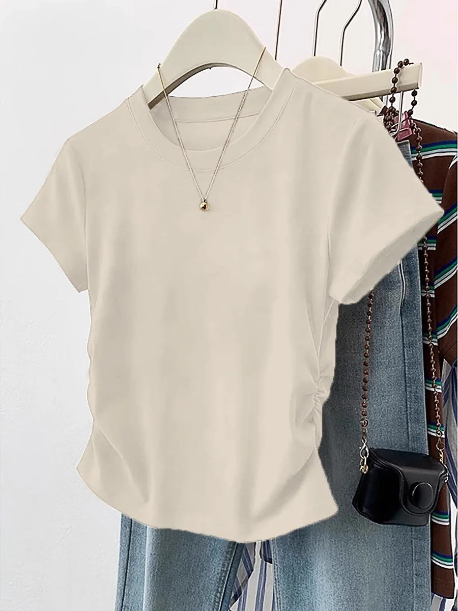 

Ele Pure Cotton ort Sve T-irt Design Sensation Pleated Slimming Summer Top Commute Sle round Ne ort Length