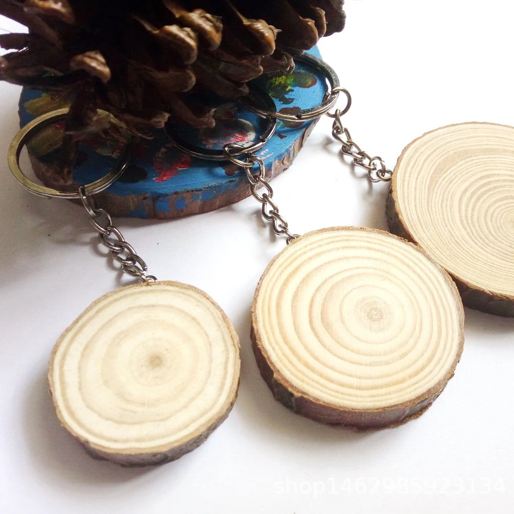 5Pcs/Set Unfinished Wood Slices Keychain Blank Hand-painted Wooden Keychain Vintage DIY Wood Keychain Car Bag Pendant