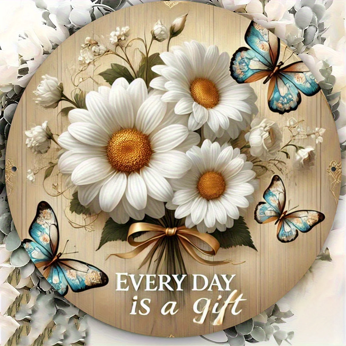 2D Flat, 1pc Spring Fresh Daisy And Blue Butterfly Metal Wall Art - 20.32X20.32 cm Round Aluminum Sign with 