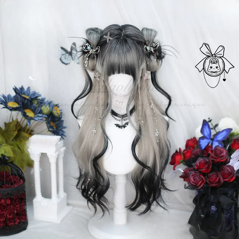 

Wig Long curly hair black and white gradient simulates large wavy