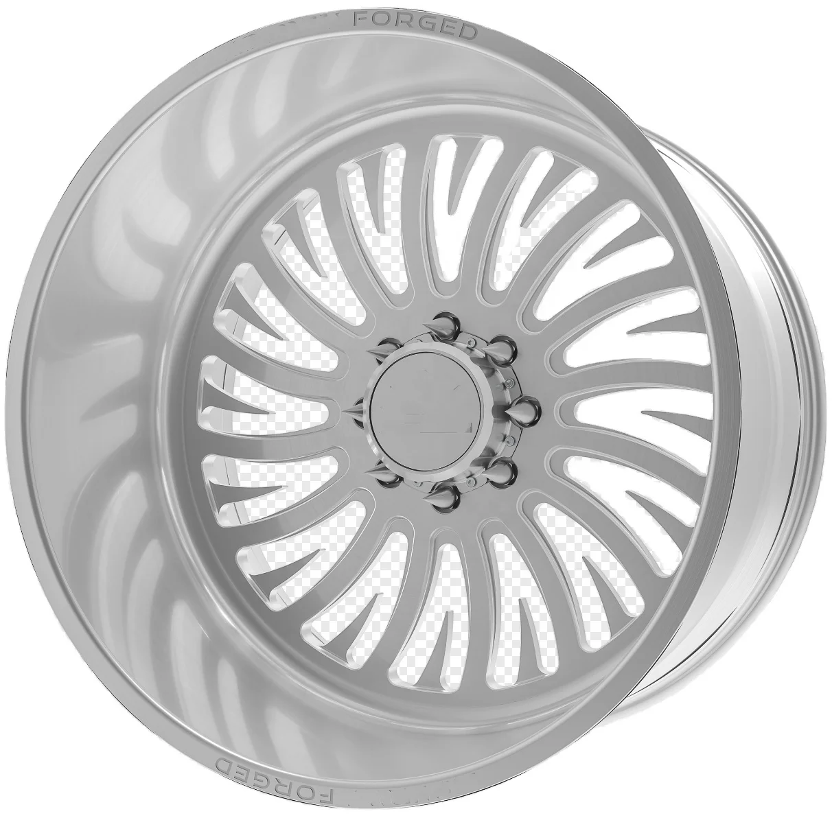 deep-dish polished 20, 22, 24, 26, 28, and 30-inch aluminum forged truck wheels with floating covers.