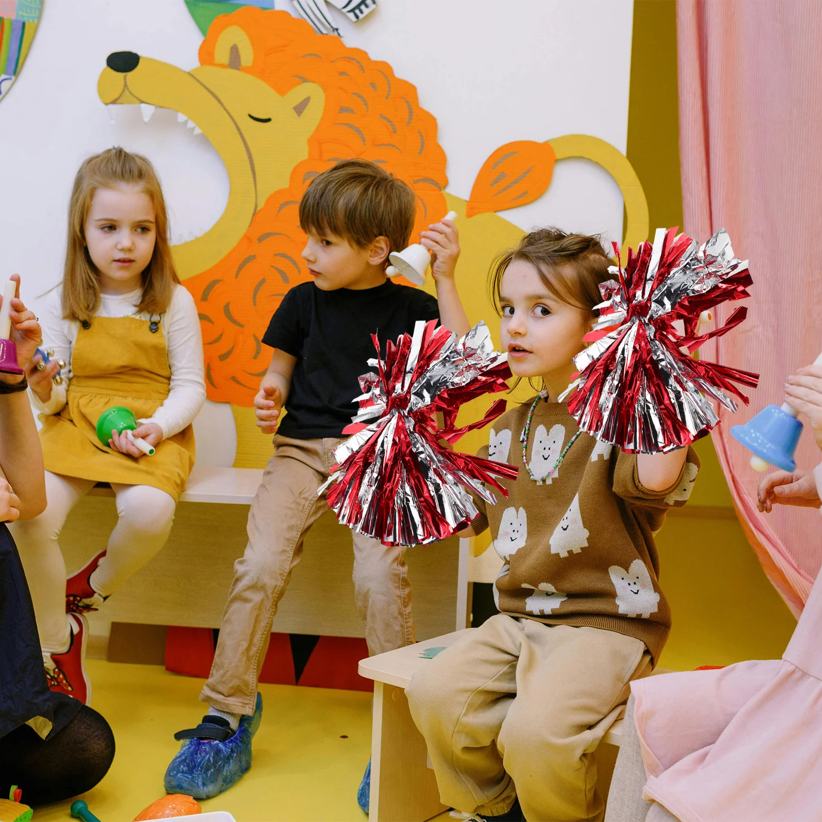 

6Pcs Cheerleading Pom Poms Metallic Foil Baton Handle Lightweight Spirit Sticks for Dance Squad Sports Events School