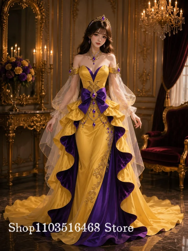 Embroidery Yellow Flower - Золотисто-желтое и фиолетовое бальное платье принцессы-русалки