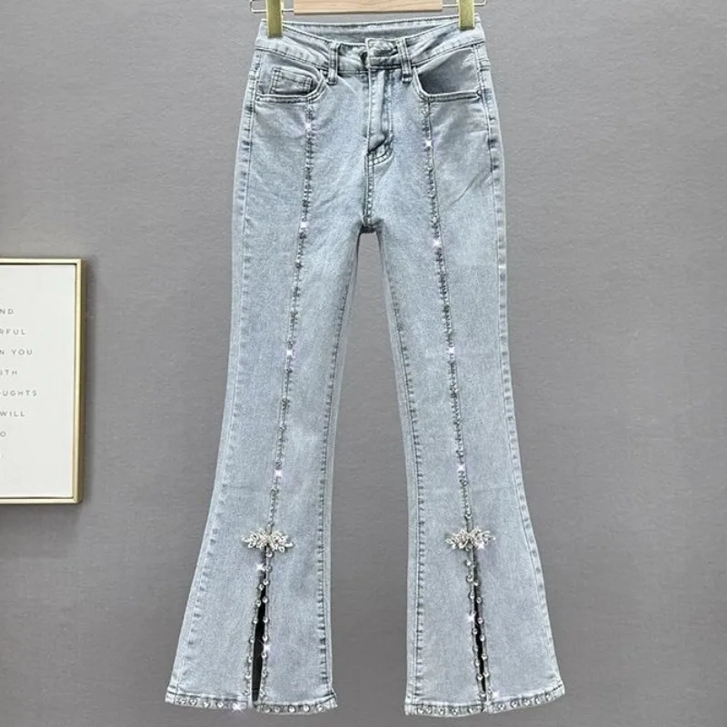 

Elegant Rhinestone Jeans for Women High Wast Slit Cropped Jeans Spring Summer Skinny Denim Pants Fashion Women Fare Jeans