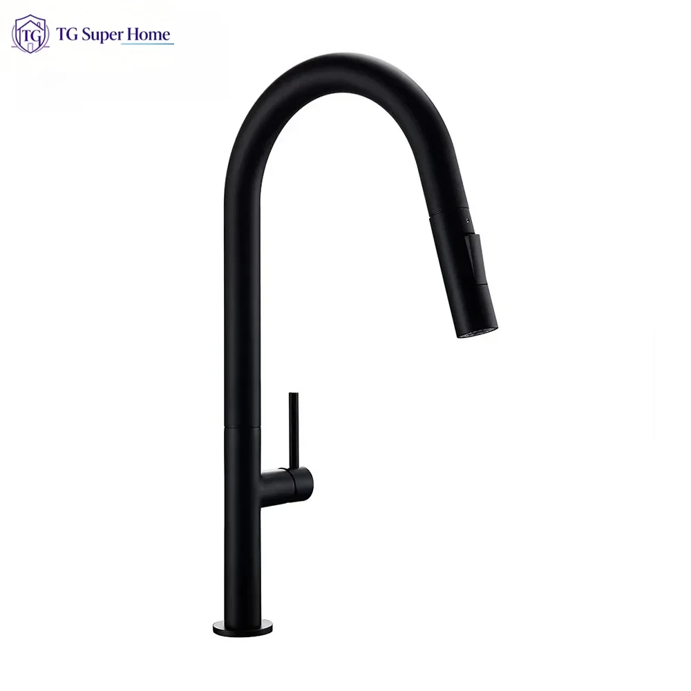 Kitchen Mixer Sink Tap Hot Cold Water Brushed Chrome and Black Stainless Steel 360 Degree Rotation Pull Out Brass Faucet