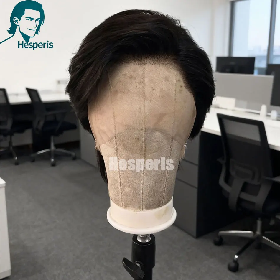 Hesperis Natural Color Pre-Styled Shaved Human Hair Men's Wig Glueless Full Lace Handsome Short Cut Wigs with Side Part