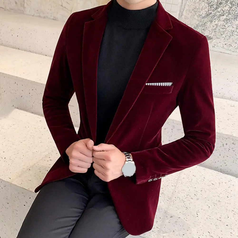 Men Blazer Solid Color Turndown Collar Long Sleeve Suit Jacket Slim Fit Single Button Velvet Suit Coat Men Streetwear For Daily