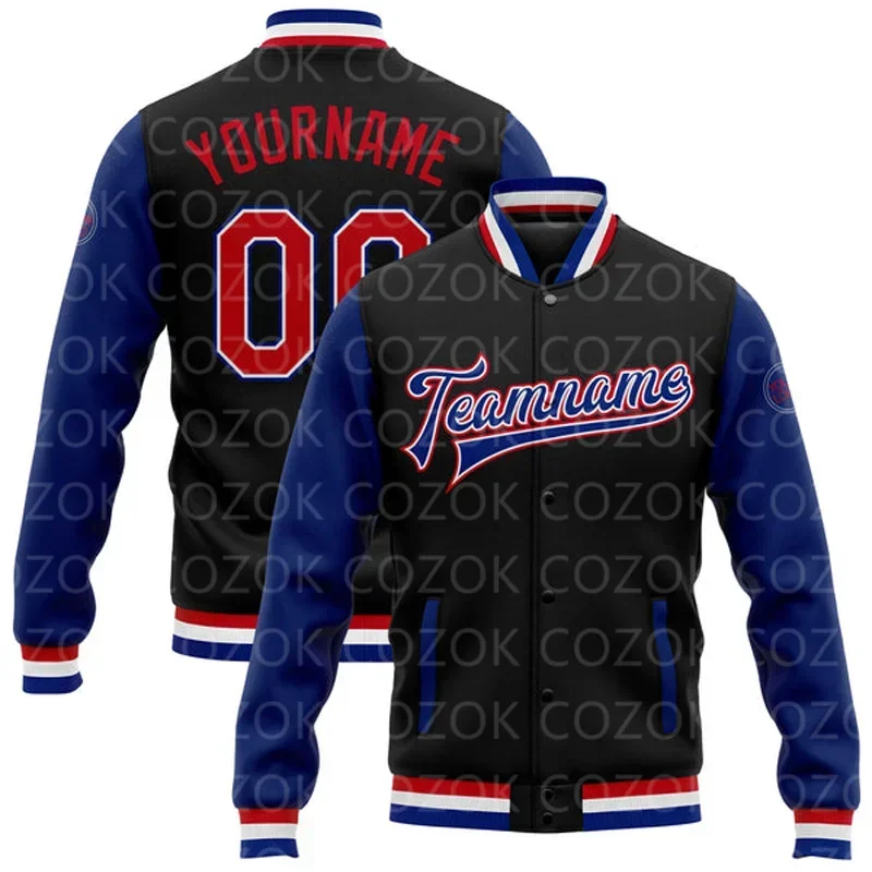 Custom Black 3D Printed Baseball Button Jacket Bomber Full-Snap Varsity Letterman Jacket