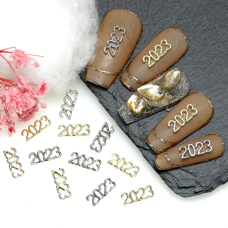 20Pcs/Lot Metal Alloy New Year 2023 Nail Ornaments Nail Ornaments Nail Diamonds Wholesale Gold Silver Autumn Winter